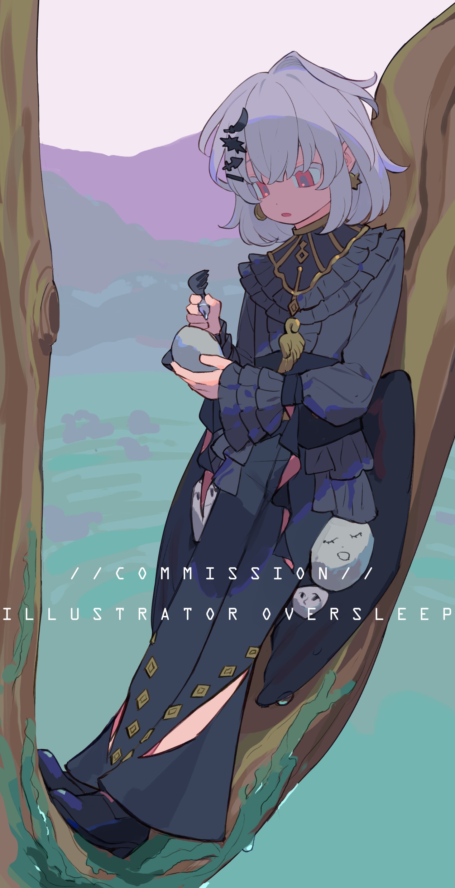 oversleep, original, absurdres, highres, 1girl, black dress, dress, earrings, english text, frilled sleeves, frills, full body, hair between eyes, hair ornament, jewelry, long sleeves, looking down, necklace, pink eyes, purple hair, shoes, short hair, solo