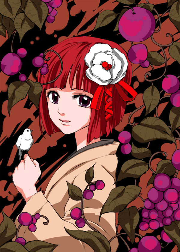 kuma (artist), kuma (crimsonvanilla), hieda no akyuu, perfect memento in strict sense, touhou, 1girl, bird, female focus, food, fruit, grapes, heida no akyuu, japanese clothes, red hair, solo