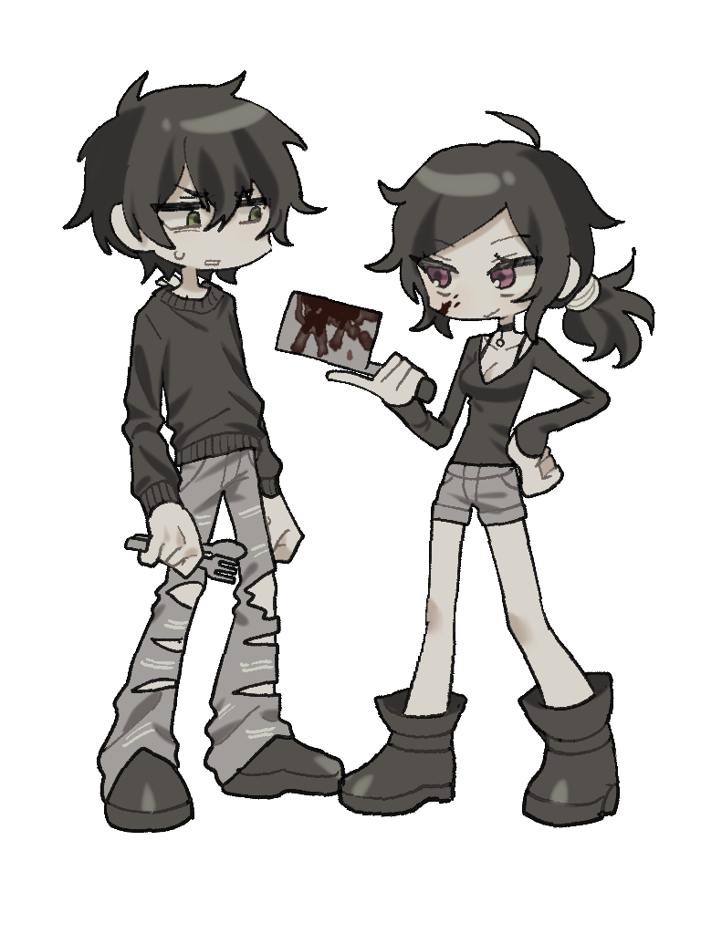 nupi 000, andrew graves, ashley graves, the coffin of andy and leyley, commentary request, korean commentary, 1boy, 1girl, :3, ahoge, ankle boots, antenna hair, arms at sides, bare legs, black boots, black choker, black hair, black shirt, black shoes, black sweater, blood, blood on cheek, blood on face, bloody knife, boots, bra strap, breasts, brother and sister, choker, cleavage, cleaver, clenched teeth, closed mouth, deformed, denim, denim shorts, double-parted bangs, eye contact, fork, full body, green eyes, grey pants, grey shorts, hair between eyes, hair tie, hand on own hip, hand up, holding, holding cleaver, holding fork, holding knife, holding spoon, index finger raised, jeans, knife, legs apart, long sleeves, looking at another, low ponytail, medium hair, pale skin, pants, pink eyes, ponytail, puffy long sleeves, puffy sleeves, shirt, shoes, short hair, short shorts, shorts, siblings, simple background, skinny, sleeves past wrists, small breasts, smile, spoon, standing, sweatdrop, sweater, teeth, torn clothes, torn jeans, torn pants, v-shaped eyebrows, white background