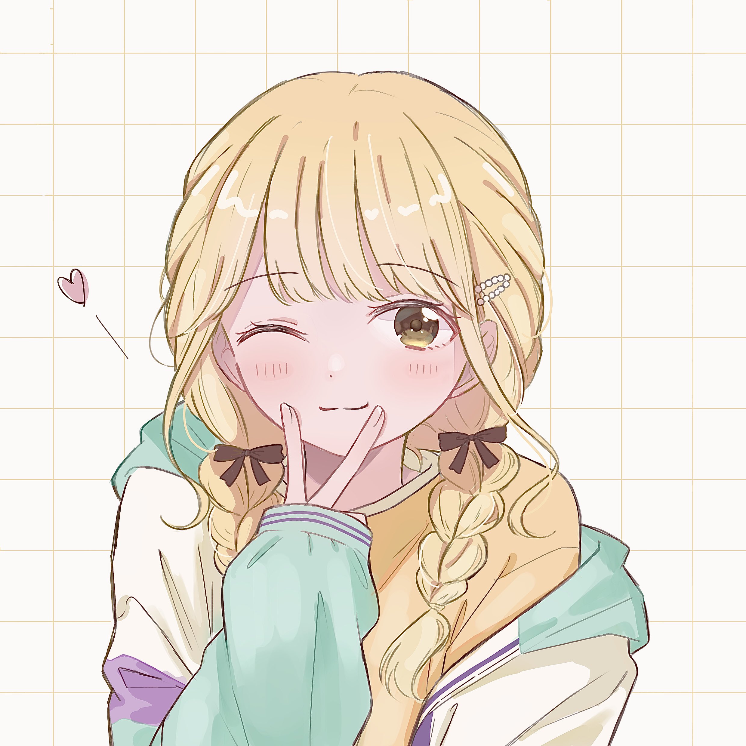 milk crepes, fujita kotone, gakuen idolmaster, idolmaster, absurdres, commentary, highres, 1girl, ;), blonde hair, braid, grid background, hair ornament, hair ribbon, heart, jacket, long sleeves, looking at viewer, multicolored jacket, one eye closed, ribbon, shirt, smile, solo, twin braids, upper body, v, v over mouth, white background, yellow eyes
