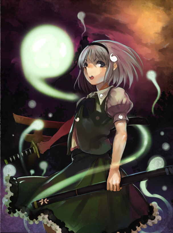 ichinii, konpaku youmu, konpaku youmu (ghost), touhou, 1girl, blue eyes, bow, cloud, female focus, glowing, grey hair, hair ribbon, hitodama, katana, ribbon, short hair, sky, solo, sword, teeth, torii, weapon