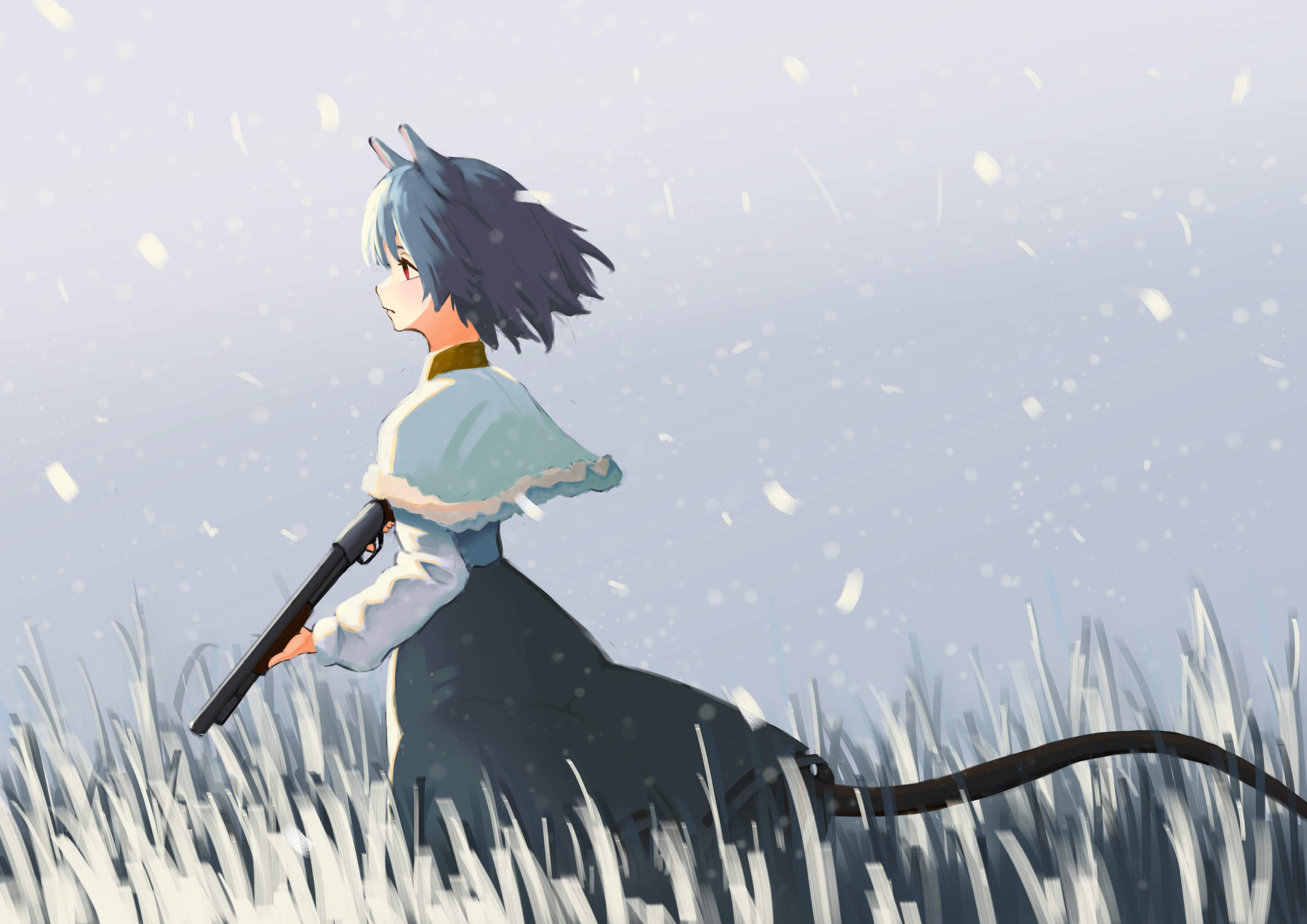 powocy, nazrin, touhou, absurdres, commentary, english commentary, highres, 1girl, animal ears, black skirt, blue capelet, capelet, grey hair, gun, holding, holding gun, holding weapon, long sleeves, mouse ears, mouse girl, mouse tail, outdoors, red eyes, short hair, shotgun, skirt, solo, tail, weapon