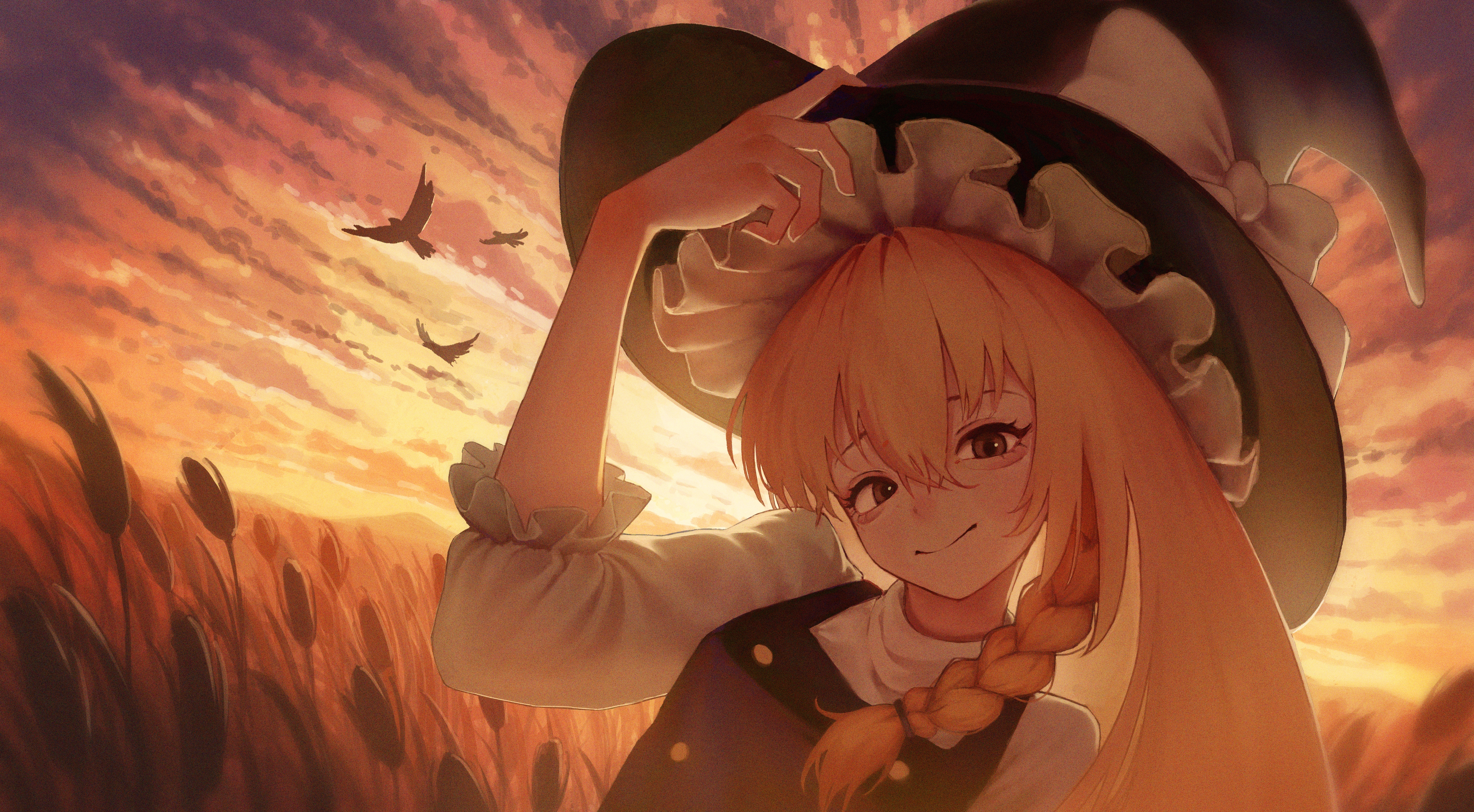 powocy, kirisame marisa, touhou, absurdres, commentary, highres, 1girl, bird, black hat, black vest, blonde hair, bow, braid, closed mouth, cloud, evening, flying, hat, hat bow, long hair, looking at viewer, outdoors, side braid, single braid, smile, solo, vest, white bow, witch hat