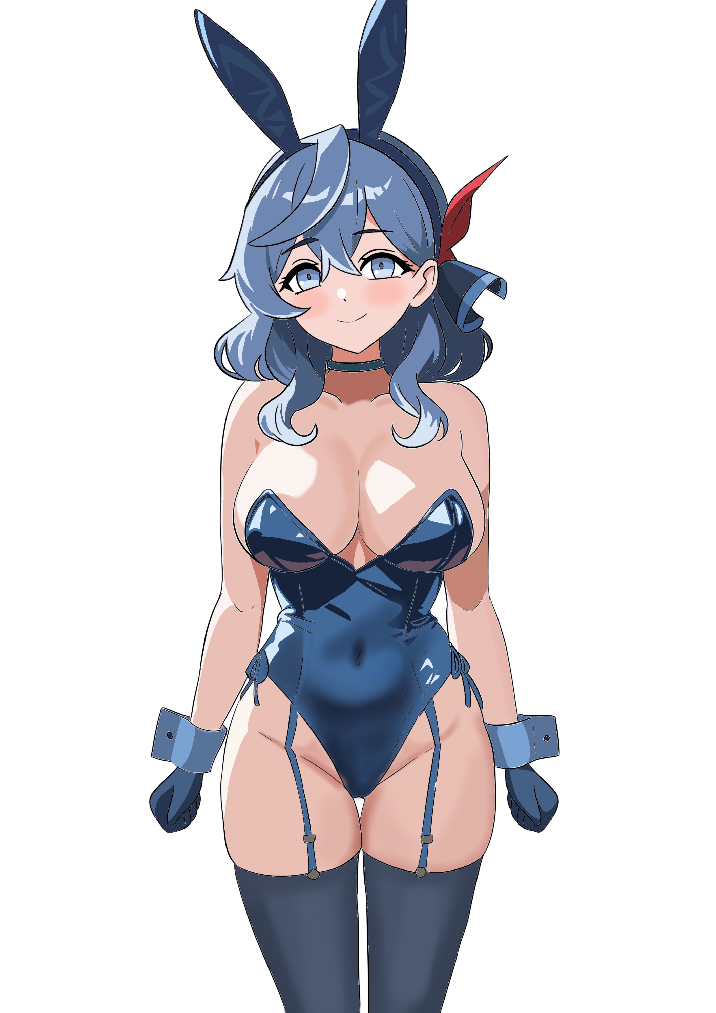 gubee, ako (blue archive), blue archive, absurdres, commentary, commission, english commentary, highres, pixiv commission, 1girl, alternate costume, animal ear hairband, animal ears, arms at sides, bare shoulders, black ribbon, blue choker, blue eyes, blue gloves, blue hair, blue hairband, blue leotard, blue thighhighs, blue wrist cuffs, blush, breasts, choker, cleavage, clenched hands, closed mouth, covered navel, cowboy shot, curvy, double-parted bangs, eyelashes, fake animal ears, garter straps, gloves, groin, hair between eyes, hair ribbon, hairband, highleg, highleg leotard, large breasts, leotard, looking at viewer, playboy bunny, rabbit ears, ribbon, sidelocks, simple background, skindentation, smile, solo, split mouth, strapless, strapless leotard, thighhighs, thighs, white background, wrist cuffs
