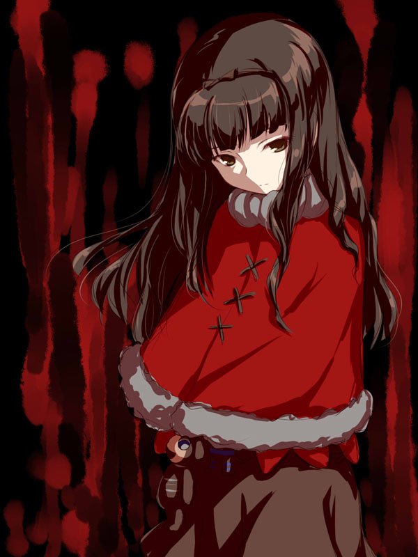 yuku (kiollion), kurenaino aria, occultic;nine, science adventure, 1girl, black hairband, blunt bangs, brown eyes, brown hair, capelet, expressionless, fur-trimmed capelet, fur trim, hairband, long hair, looking at viewer, red capelet, solo