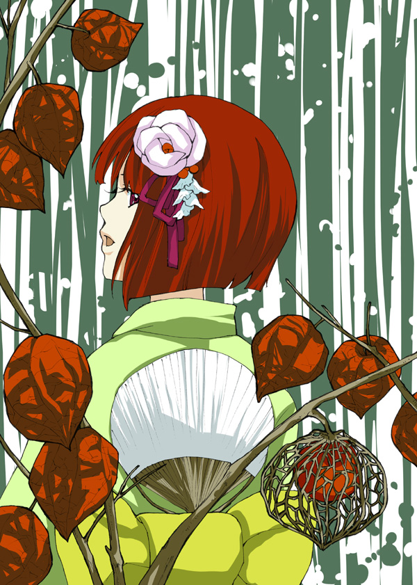 kuma (artist), kuma (crimsonvanilla), hieda no akyuu, perfect memento in strict sense, touhou, 1girl, alternate hair color, bob cut, bow, chinese lantern (plant), female focus, flower, from behind, hair flower, hair ornament, hand fan, heida no akyuu, japanese clothes, kimono, looking at viewer, looking back, obi, open mouth, paper fan, profile, purple eyes, red eyes, red hair, sash, short hair, solo, uchiwa, upper body