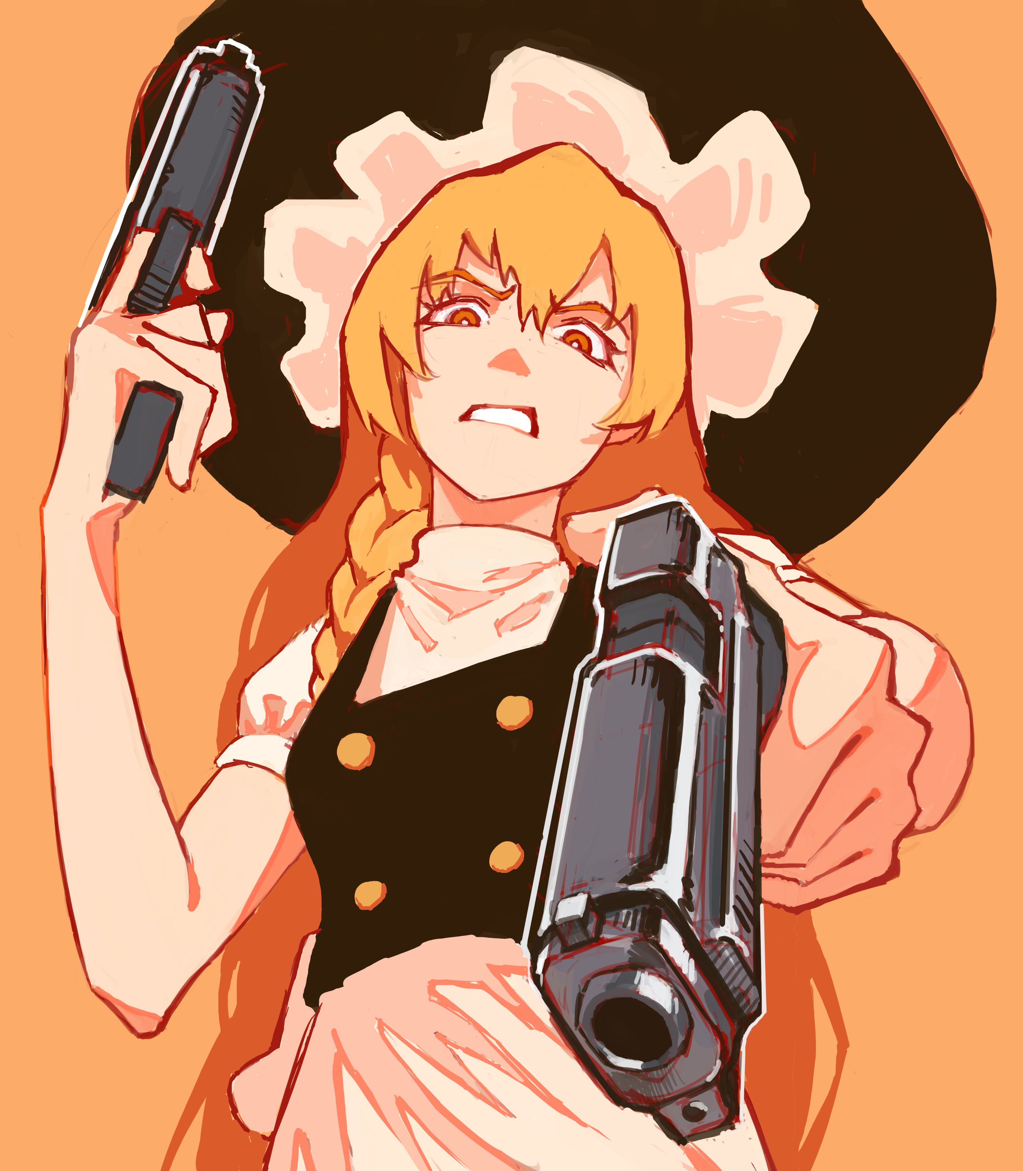 powocy, kirisame marisa, touhou, absurdres, highres, 1girl, aiming, aiming at viewer, apron, black vest, blonde hair, braid, breasts, dual wielding, gun, handgun, hat, holding, holding gun, holding weapon, long hair, looking at viewer, puffy short sleeves, puffy sleeves, short sleeves, side braid, simple background, single braid, solo, very long hair, vest, waist apron, weapon, yellow background, yellow eyes