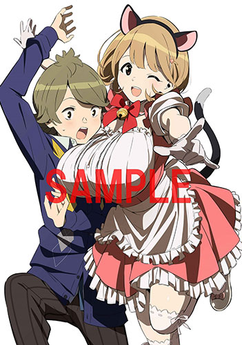 gamon yuuta, narusawa ryouka, occultic;nine, science adventure, lowres, official art, 1boy, 1girl, animal ears, arm up, bell, bell bow, black hairband, black pants, blue jacket, blush, breasts, brown hair, dress, fake animal ears, frilled dress, frills, green hair, hairband, huge breasts, jacket, mouse ears, mouse tail, nervous sweating, pants, pink dress, sample watermark, surprised, sweat, tail, teeth, tongue, upper teeth only, watermark