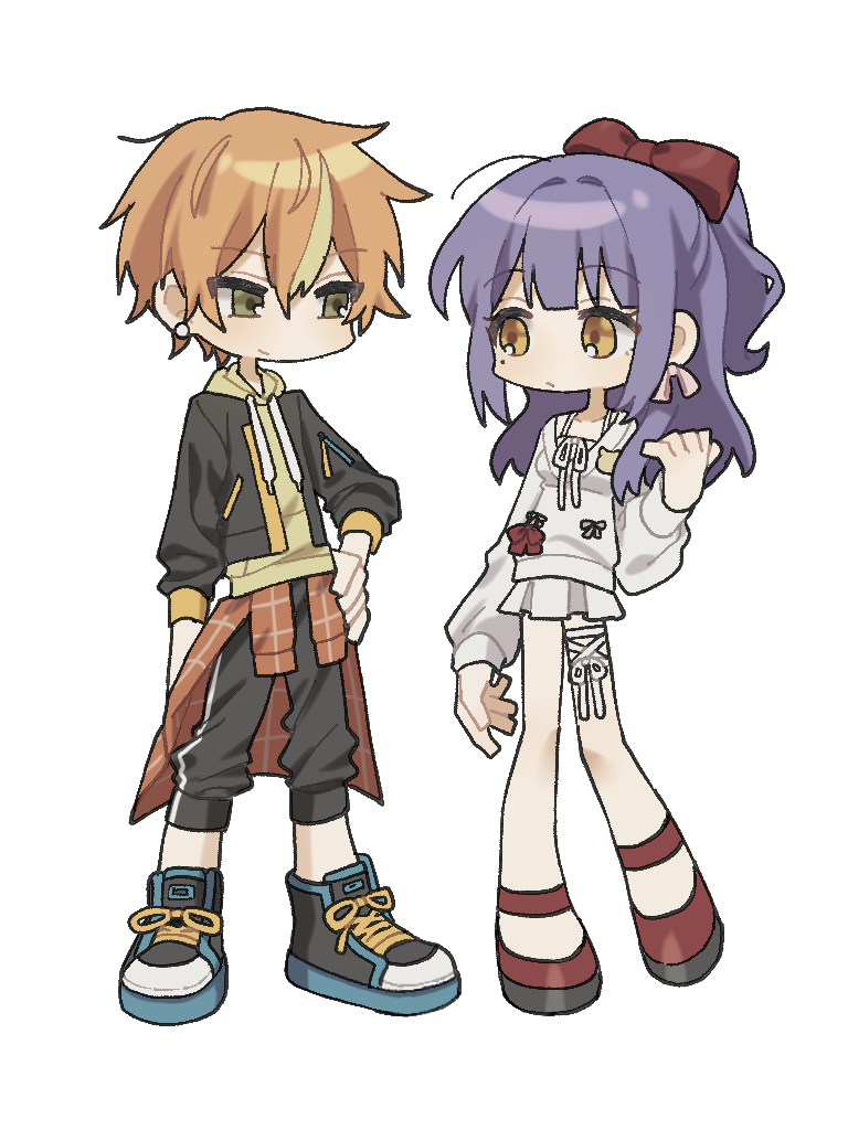 nupi 000, shinonome akito, original, project sekai, check copyright, commentary request, copyright request, korean commentary, 1boy, 1girl, ahoge, arm at side, black jacket, black pants, black shoes, blonde hair, bow, bow earrings, breasts, camisole, closed mouth, clothes around waist, collarbone, deformed, double-parted bangs, drawstring, earrings, green eyes, hair between eyes, hand on own hip, hand up, high ponytail, hood, hood down, hoodie, jacket, jacket around waist, jewelry, legs apart, long hair, long sleeves, miniskirt, mole, mole under eye, multicolored hair, oc x canon, open clothes, open jacket, orange hair, pants, plaid clothes, plaid jacket, pleated skirt, ponytail, puffy long sleeves, puffy sleeves, purple hair, red bow, red jacket, red shoes, ribbon trim, shirt, shoelaces, shoes, short hair, simple background, single bare shoulder, skirt, small breasts, smile, sneakers, standing, streaked hair, stud earrings, two-tone hair, white background, white camisole, white shirt, white skirt, yellow eyes, yellow hoodie