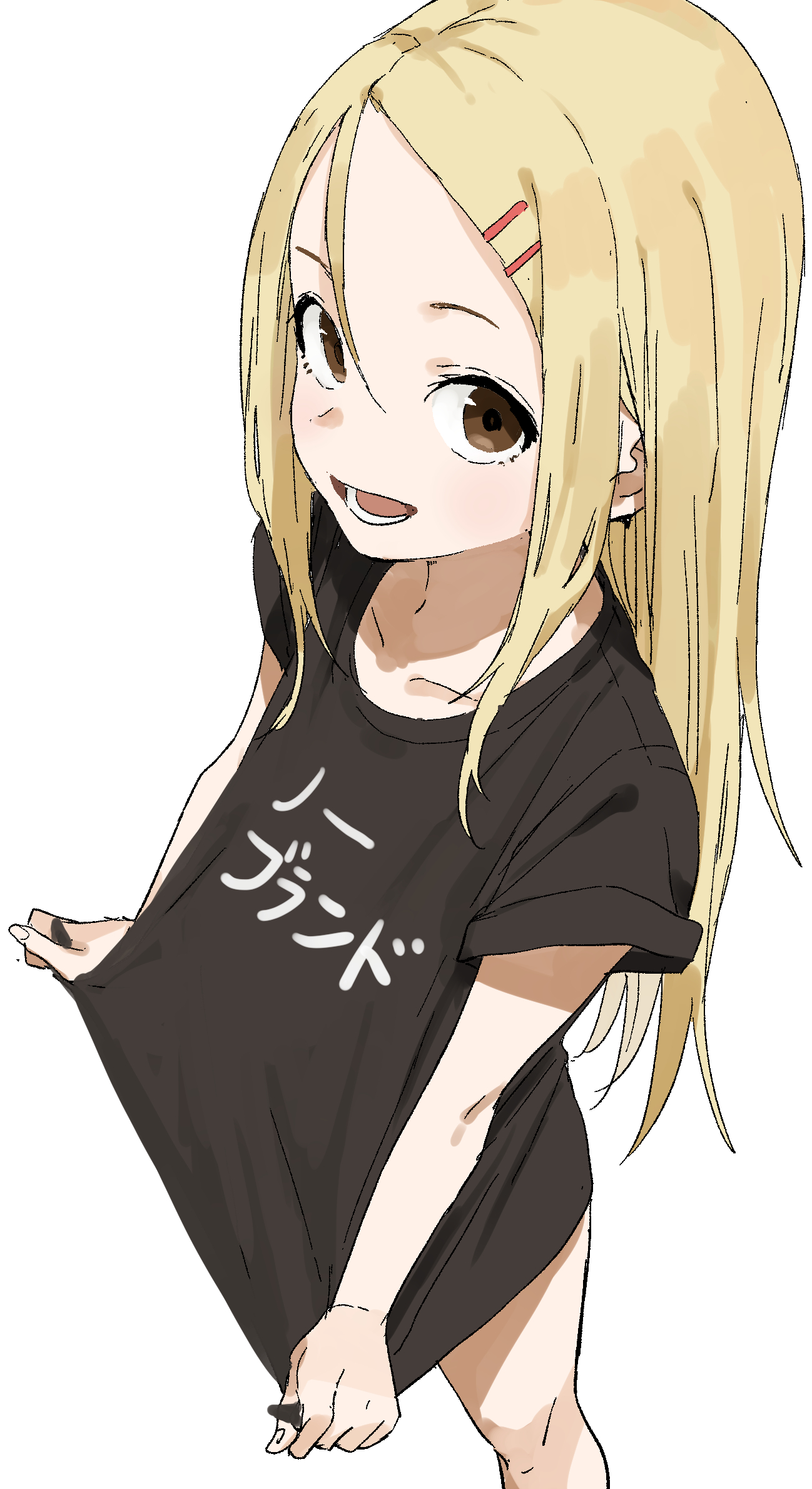 yamamoto souichirou, original, commentary request, highres, translation request, 1girl, blonde hair, brown eyes, clothes writing, forehead, hair between eyes, hair ornament, hairclip, long hair, looking at viewer, open mouth, shirt, simple background, smile, solo, standing, t-shirt, white background