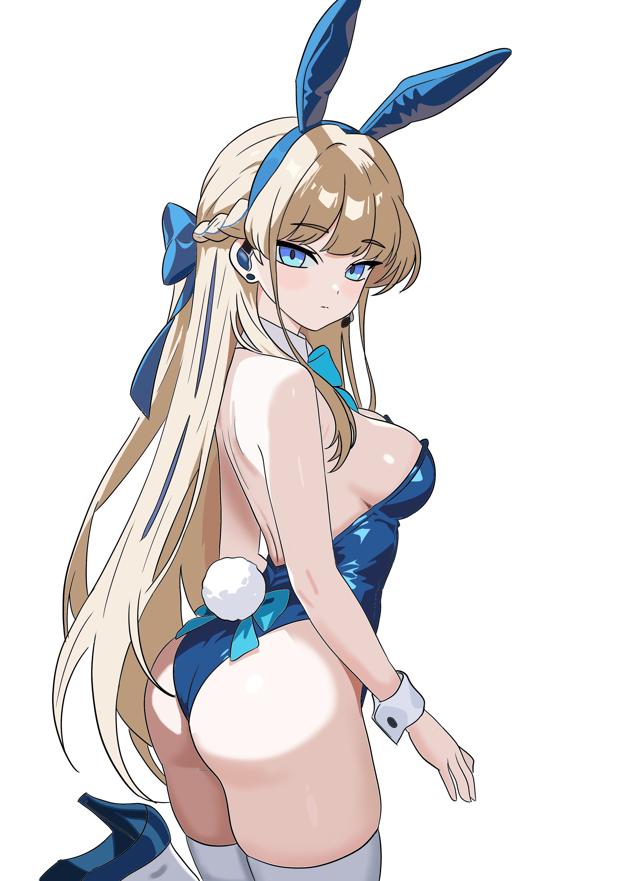 gubee, toki (blue archive), toki (bunny) (blue archive), blue archive, absurdres, commentary, commission, english commentary, highres, pixiv commission, 1girl, animal ear hairband, animal ears, aqua bow, aqua bowtie, ass, bare shoulders, blue bow, blue eyes, blue hair, blue hairband, blue leotard, blue shoes, blunt bangs, blush, bow, bowtie, braid, breasts, closed mouth, cowboy shot, curvy, detached collar, expressionless, fake animal ears, from behind, hair bow, hair intakes, hairband, half up braid, high heels, highleg, highleg leotard, large breasts, leotard, long hair, looking at viewer, multicolored hair, official alternate costume, official alternate hairstyle, playboy bunny, shoes, sideboob, sidelocks, simple background, skindentation, solo, standing, standing on one leg, straight hair, strapless, strapless leotard, streaked hair, thighhighs, thighs, very long hair, white background, white thighhighs, white wrist cuffs, wrist cuffs