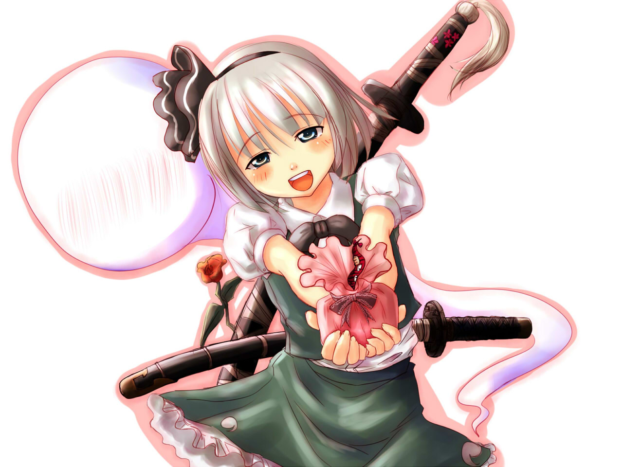 ancient chamber, konpaku youmu, konpaku youmu (ghost), yakumo yukari, touhou, bad id, bad pixiv id, 1girl, blush, female focus, flower, gap (touhou), gift, hitodama, katana, rose, sheath, sheathed, solo, sword, valentine, weapon, white hair