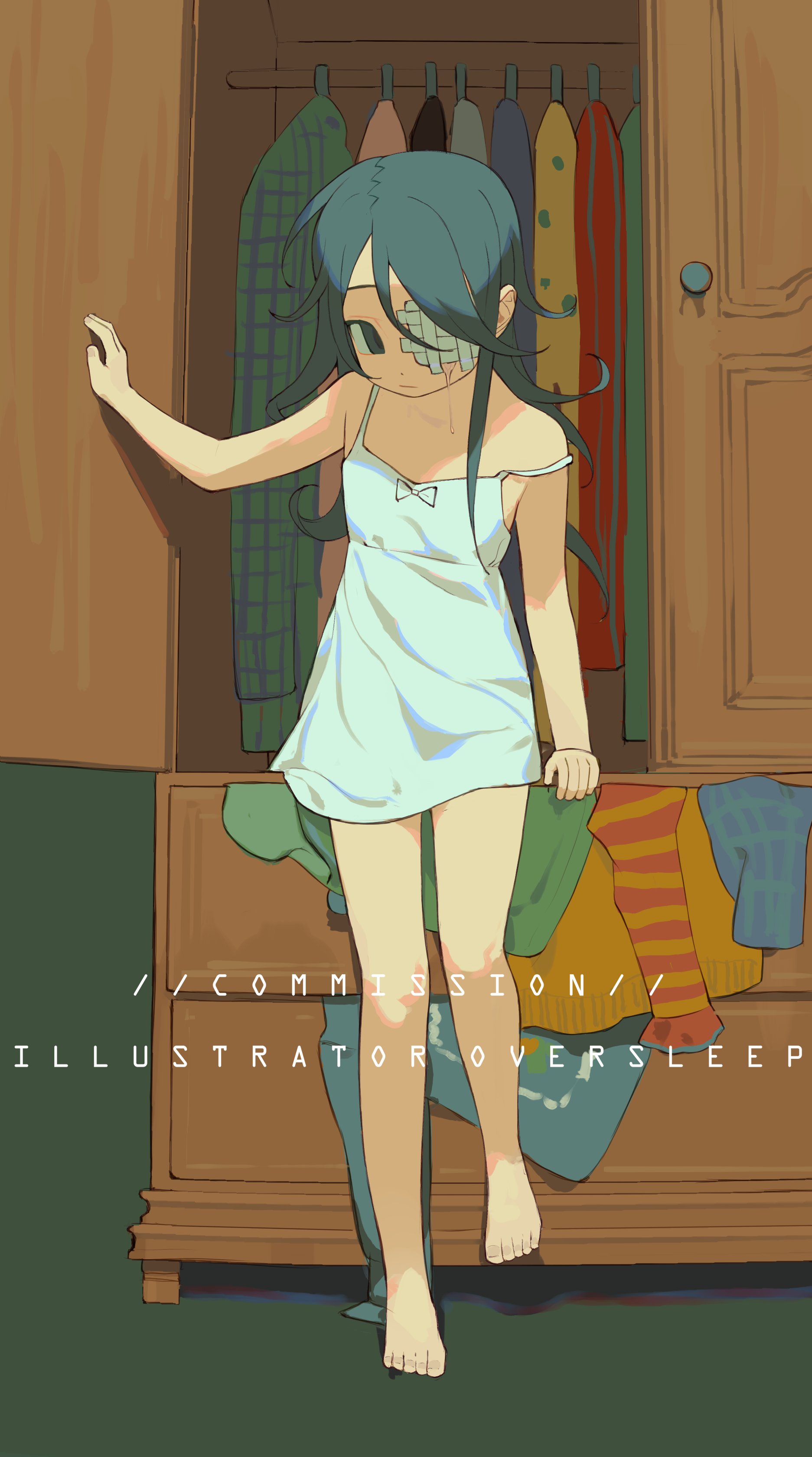 oversleep, original, absurdres, highres, 1girl, bare legs, bare shoulders, barefoot, black eyes, blue hair, closet, dress, eyepatch, hair between eyes, long hair, sleeveless, sleeveless dress, strap slip, suspenders, wardrobe, white dress