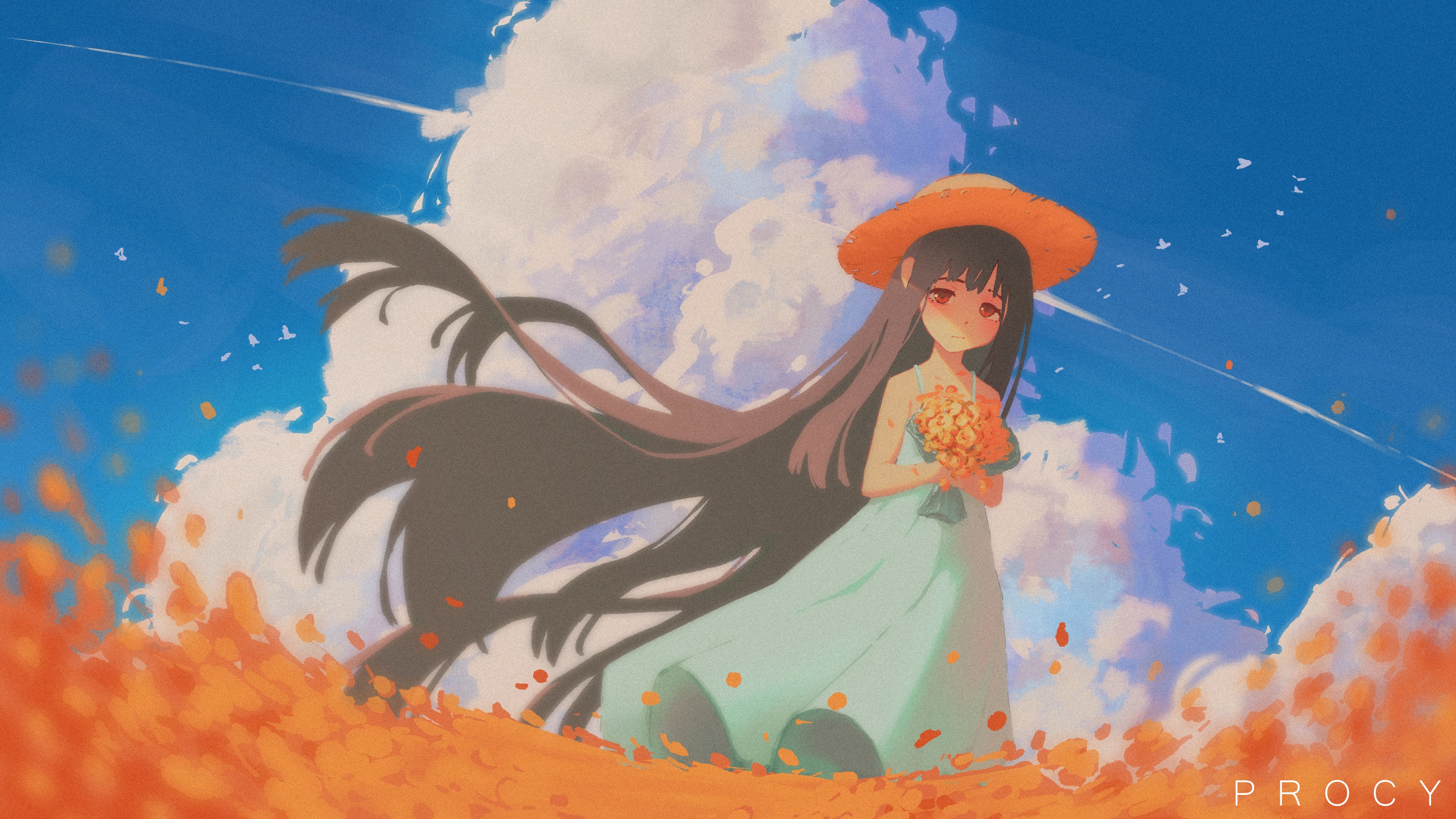 powocy, original, absurdres, commentary, english commentary, highres, 1girl, absurdly long hair, blue sky, brown hair, brown hat, closed eyes, cloud, day, dress, flower, green dress, hat, holding, holding flower, long hair, looking at viewer, red eyes, sky, sleeveless, sleeveless dress, solo, straw hat, very long hair, yellow flower