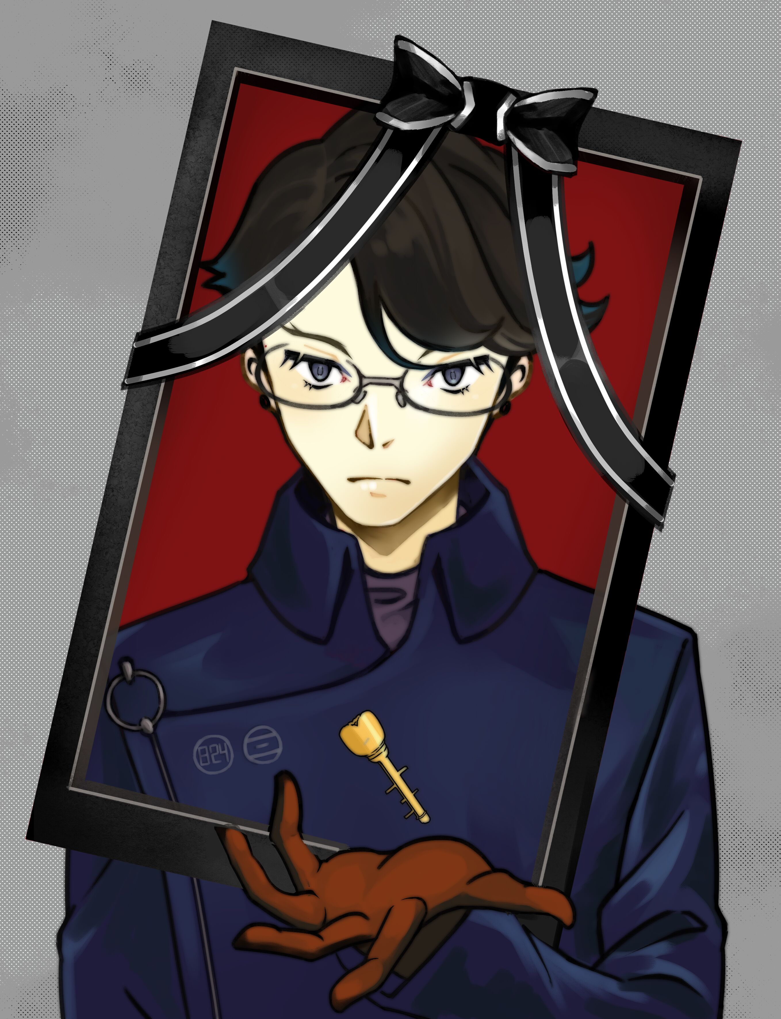 hashigami sarai, occultic;nine, science adventure, absurdres, highres, 1boy, black hair, blue jacket, brown eyes, brown gloves, buttons, double-breasted, glasses, gloves, grey eyes, iei, jacket, looking at viewer, male focus, purple shirt, shirt, short hair, solo, supernova 11451, upper body