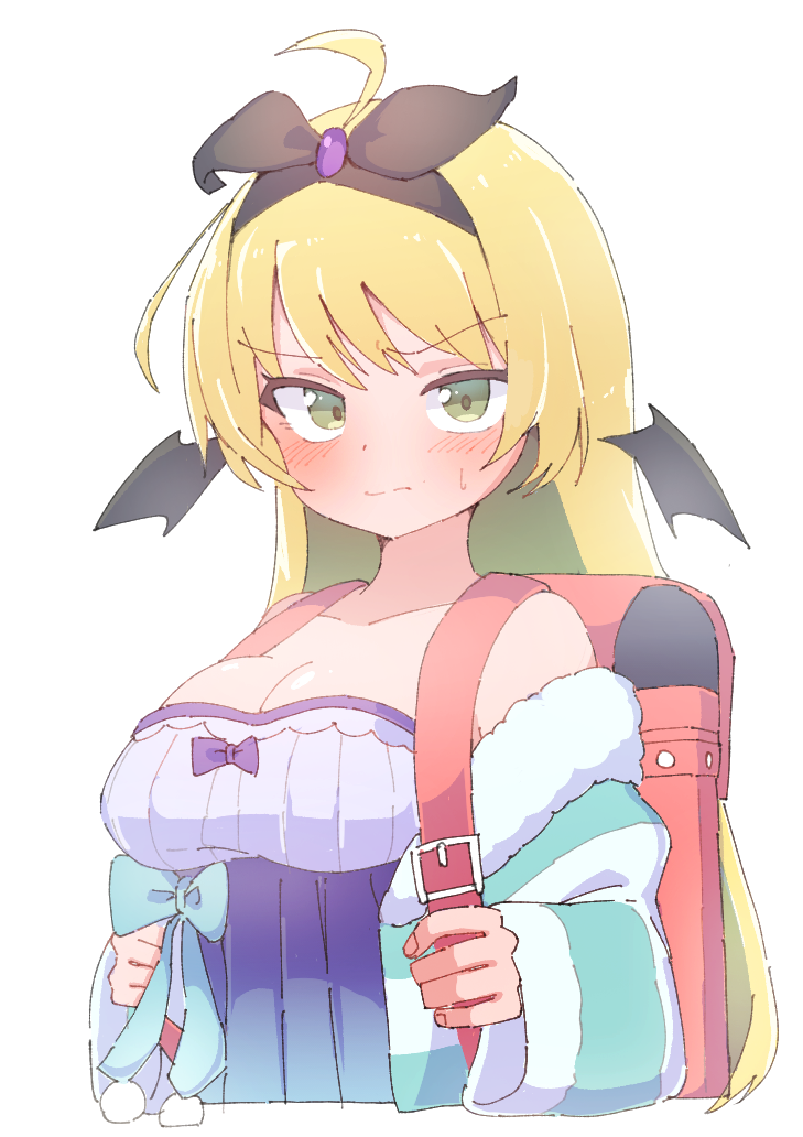 mizuame bakuhatsu, midorima caroline, indie virtual youtuber, 1girl, ahoge, aqua bow, aqua jacket, backpack, bag, black hairband, blonde hair, blue dress, blush, bow, breasts, cleavage, closed mouth, collarbone, cropped torso, dress, fur-trimmed jacket, fur trim, green eyes, hair bow, hairband, head wings, jacket, large breasts, long hair, long sleeves, looking at viewer, off shoulder, open clothes, open jacket, randoseru, simple background, solo, straight hair, strapless, strapless dress, striped clothes, striped jacket, sweatdrop, swept bangs, v-shaped eyebrows, virtual youtuber, white background, white dress, wide sleeves, wings