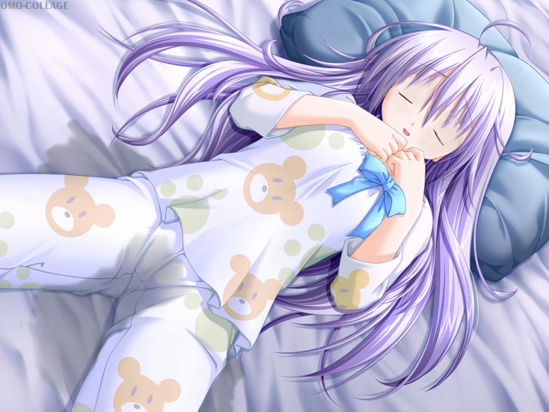 alpha (yukai na nakamatachi), suzuhara shino, konna ko ga itara boku wa mou, game cg, jpeg artifacts, 1girl, ahoge, bed, bedwetting, closed eyes, female focus, flat chest, long hair, lying, on back, pajamas, pee, peeing, peeing self, pillow, purple hair, ribbon, sleeping, smile, solo, watermark