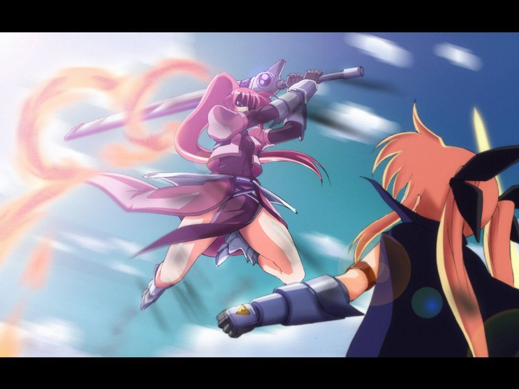 hayakawa harui, fate testarossa, laevatein (nanoha), signum, lyrical nanoha, mahou shoujo lyrical nanoha, mahou shoujo lyrical nanoha a's, 00s, 2girls, battle, letterboxed, multiple girls