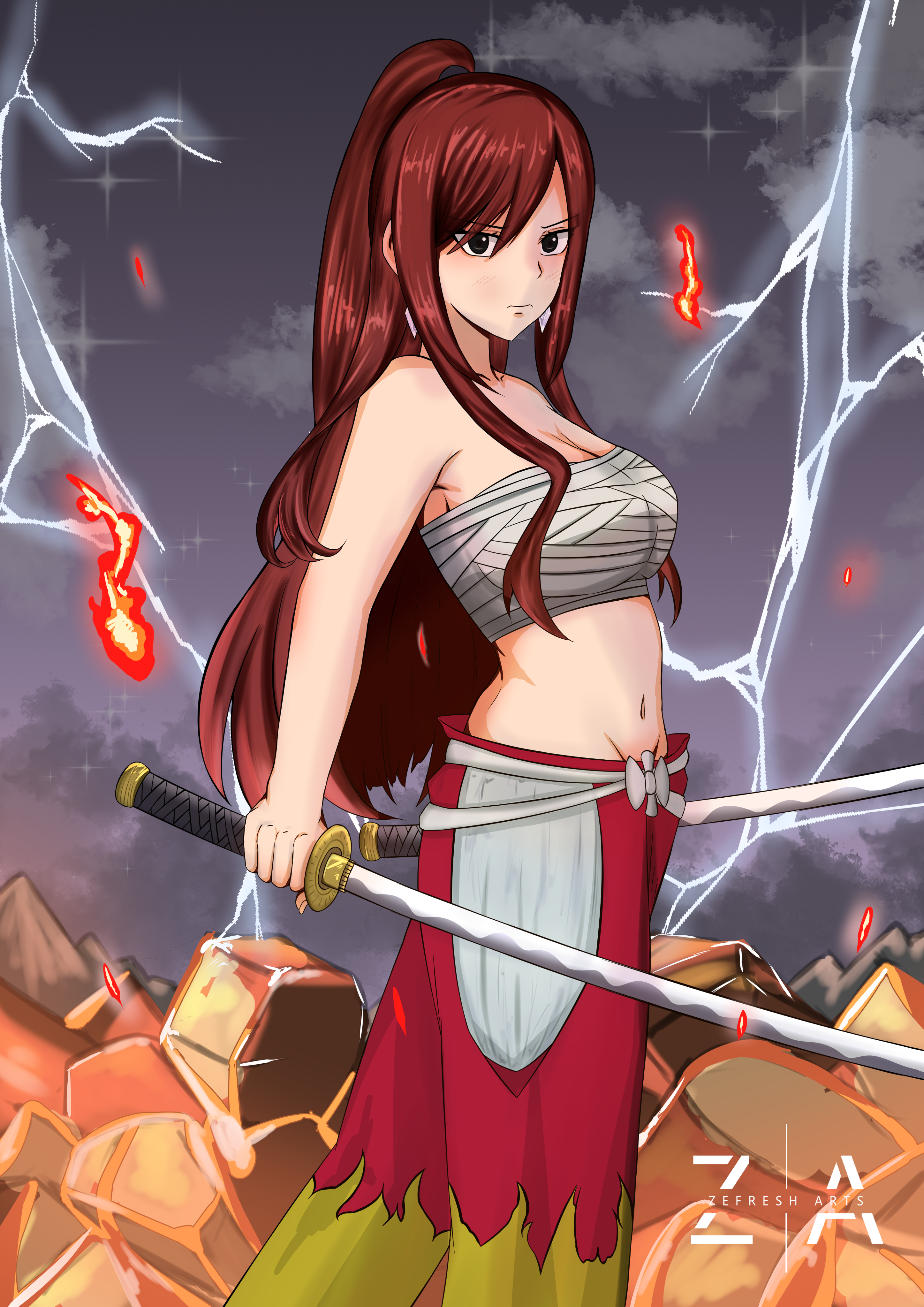 erza scarlet, fairy tail, highres, 1girl, alternate hairstyle, armpit crease, artist logo, artist name, bare arms, breasts, brown eyes, cleavage, clenched hands, collarbone, dual wielding, earrings, female focus, fingernails, from side, frown, groin, hair between eyes, holding, holding sword, holding weapon, japanese clothes, jewelry, katana, large breasts, lightning, logo, long hair, long sidelocks, looking at viewer, navel, neck, outdoors, pants, pendant, ponytail, rain, red hair, rope belt, sarashi, serious, sidelocks, standing, sword, weapon, wide hips