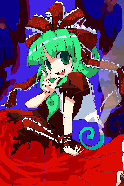 iyau, kagiyama hina, touhou, 1girl, blush, cowboy shot, evil smile, female focus, frills, front ponytail, green eyes, green hair, looking at viewer, matching hair/eyes, oekaki, puffy short sleeves, puffy sleeves, shawl, short hair, short sleeves, smile, solo, wrist cuffs