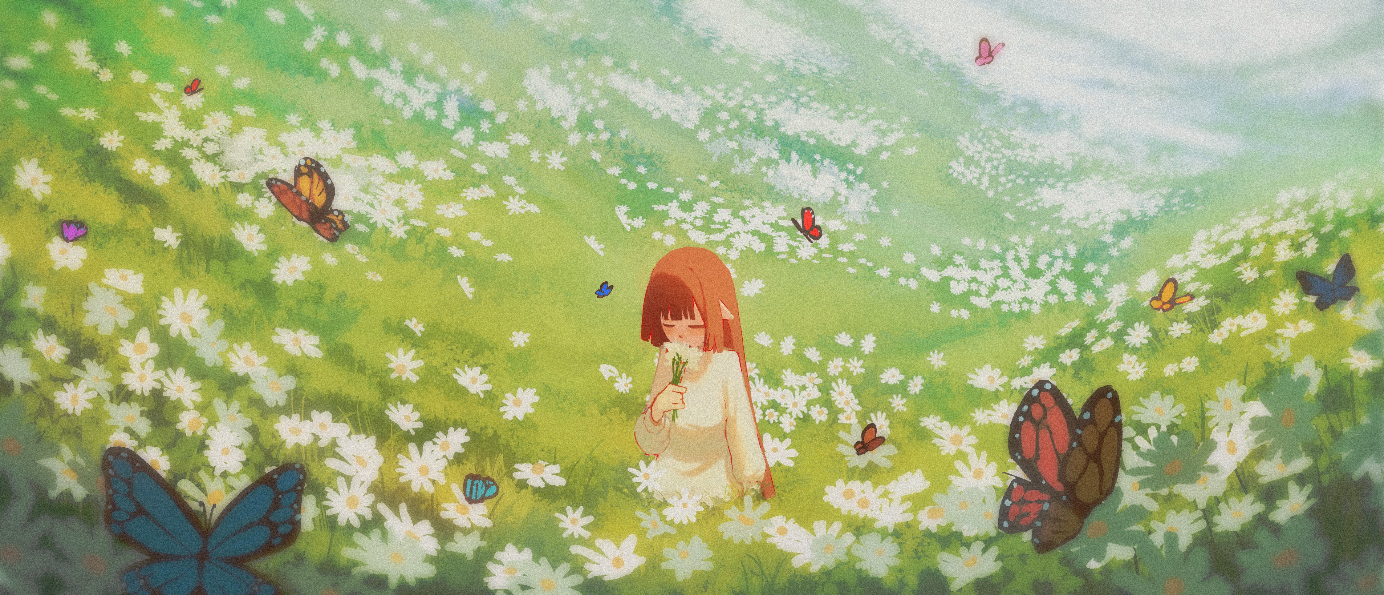 powocy, original, absurdres, commentary, english commentary, highres, 1girl, blue butterfly, brown hair, bug, butterfly, closed eyes, dress, field, flower, flower field, holding, holding flower, insect, long sleeves, outdoors, pink butterfly, pointy ears, red butterfly, smelling, smelling flower, solo, white dress, white flower, yellow butterfly