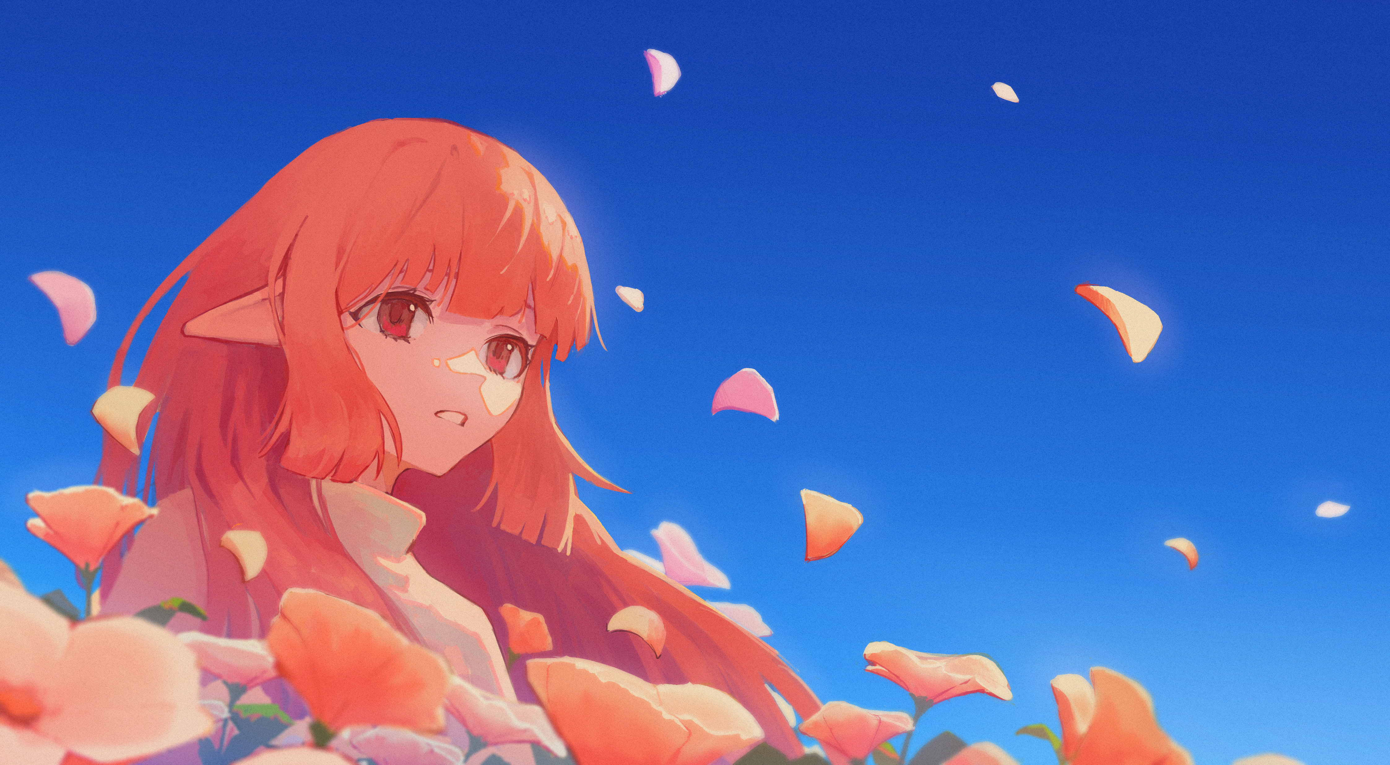 powocy, original, absurdres, commentary, english commentary, flower request, highres, 1girl, blonde hair, blue sky, day, dress, falling petals, flower, long hair, petals, pink flower, pink petals, pointy ears, red eyes, sky, solo, very long hair, white dress, white flower