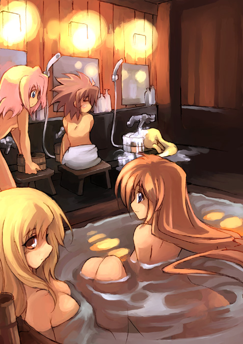 kouno hikaru, caro ru lushe, erio mondial, fate testarossa, takamachi nanoha, yuuno scrya, lyrical nanoha, mahou shoujo lyrical nanoha, mahou shoujo lyrical nanoha strikers, 00s, 1boy, 3girls, bath, blush, ferret, long hair, mixed-sex bathing, multiple girls, onsen, pink hair, red eyes, shared bathing, shower head, towel, tub, water