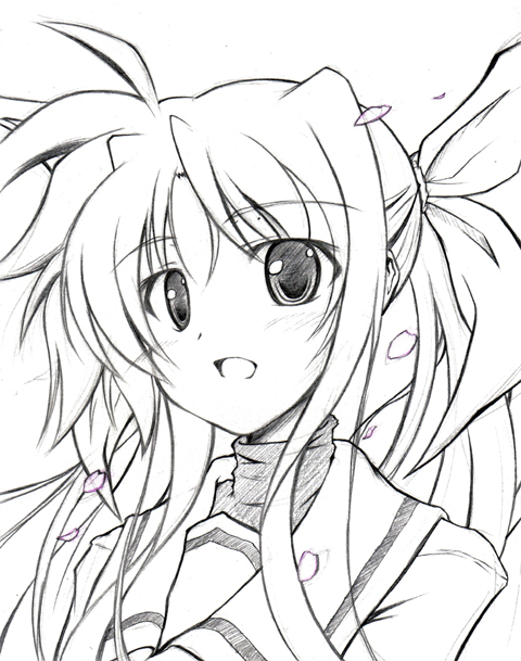 kunon, fate testarossa, lyrical nanoha, mahou shoujo lyrical nanoha, uniform, 00s, 1girl, :d, ahoge, collar, dress, female focus, greyscale, looking at viewer, monochrome, open mouth, sidelocks, simple background, smile, solo, twintails, white background
