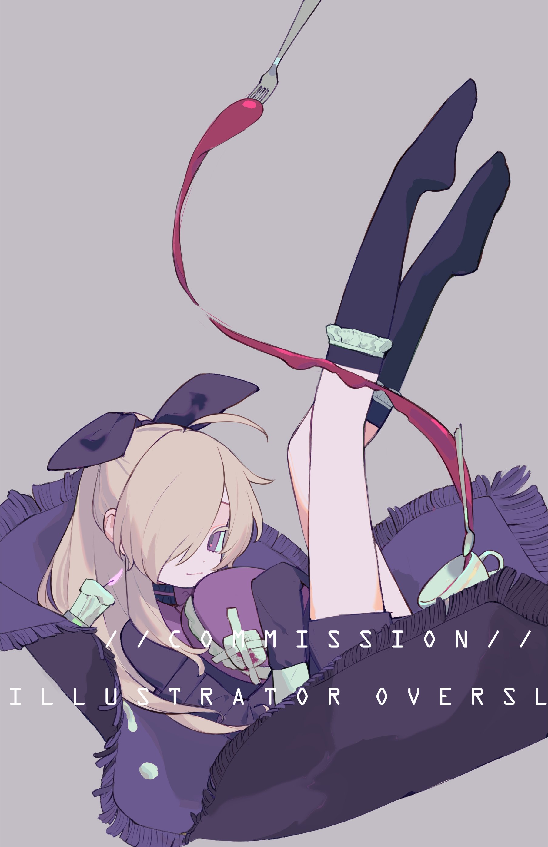 oversleep, original, absurdres, highres, 1girl, ahoge, alcohol, black ribbon, black socks, blanket, blonde hair, candle, cup, english text, fork, fringe trim, hair ribbon, high ponytail, holding, kneehighs, long hair, long sleeves, looking at viewer, no shoes, one eye covered, ponytail, purple eyes, ribbon, sleeves past fingers, sleeves past wrists, socks, solo, stuffed toy, teacup, wine