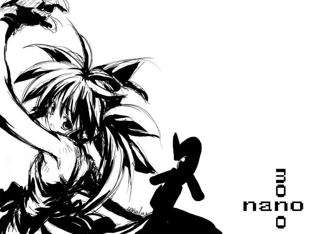 raising heart, takamachi nanoha, lyrical nanoha, mahou shoujo lyrical nanoha, 00s, 1girl, ahoge, alternate hairstyle, armpits, bare shoulders, dress, female focus, from side, greyscale, looking at viewer, looking to the side, monochrome, simple background, sketch, sleeveless, sleeveless dress, solo, white background