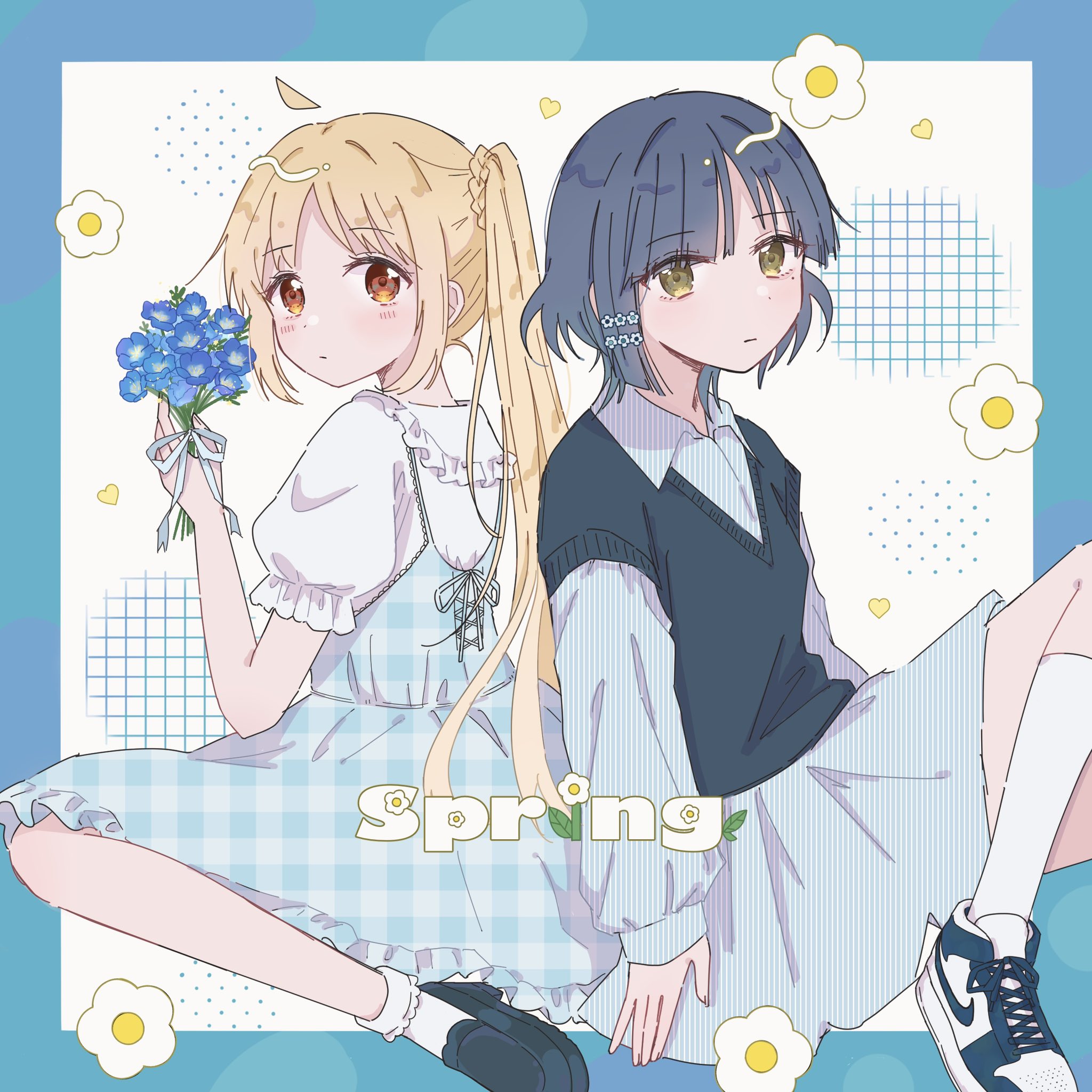 milk crepes, ijichi nijika, yamada ryo, bocchi the rock!, highres, 2girls, ahoge, blonde hair, blue hair, dress, flower, hair ornament, long hair, long sleeves, looking at viewer, mole, mole under eye, multiple girls, plaid clothes, plaid dress, shoes, short hair, side ponytail, sneakers, socks, vest