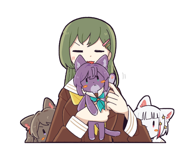 kiruzzy, fujishima megumi, ogami sachi, otomune kozue, yugiri tsuzuri, link! like! love live!, love live!, commentary request, korean commentary, 1girl, :<, animal, animal with hair, animalization, aqua neckerchief, blush stickers, brown cat, brown dress, cat, closed eyes, closed mouth, clothed animal, diagonal bangs, dress, frown, green eyes, green hair, hair ornament, hairclip, hasu no daisankaku, hasu no sora school uniform, holding, holding animal, holding cat, long sleeves, multiple cats, neckerchief, parallel hairclips, purple cat, purple eyes, red eyes, sailor collar, sailor dress, school uniform, simple background, star (symbol), star hair ornament, virtual youtuber, white background, white sailor collar, winter uniform, yellow neckerchief
