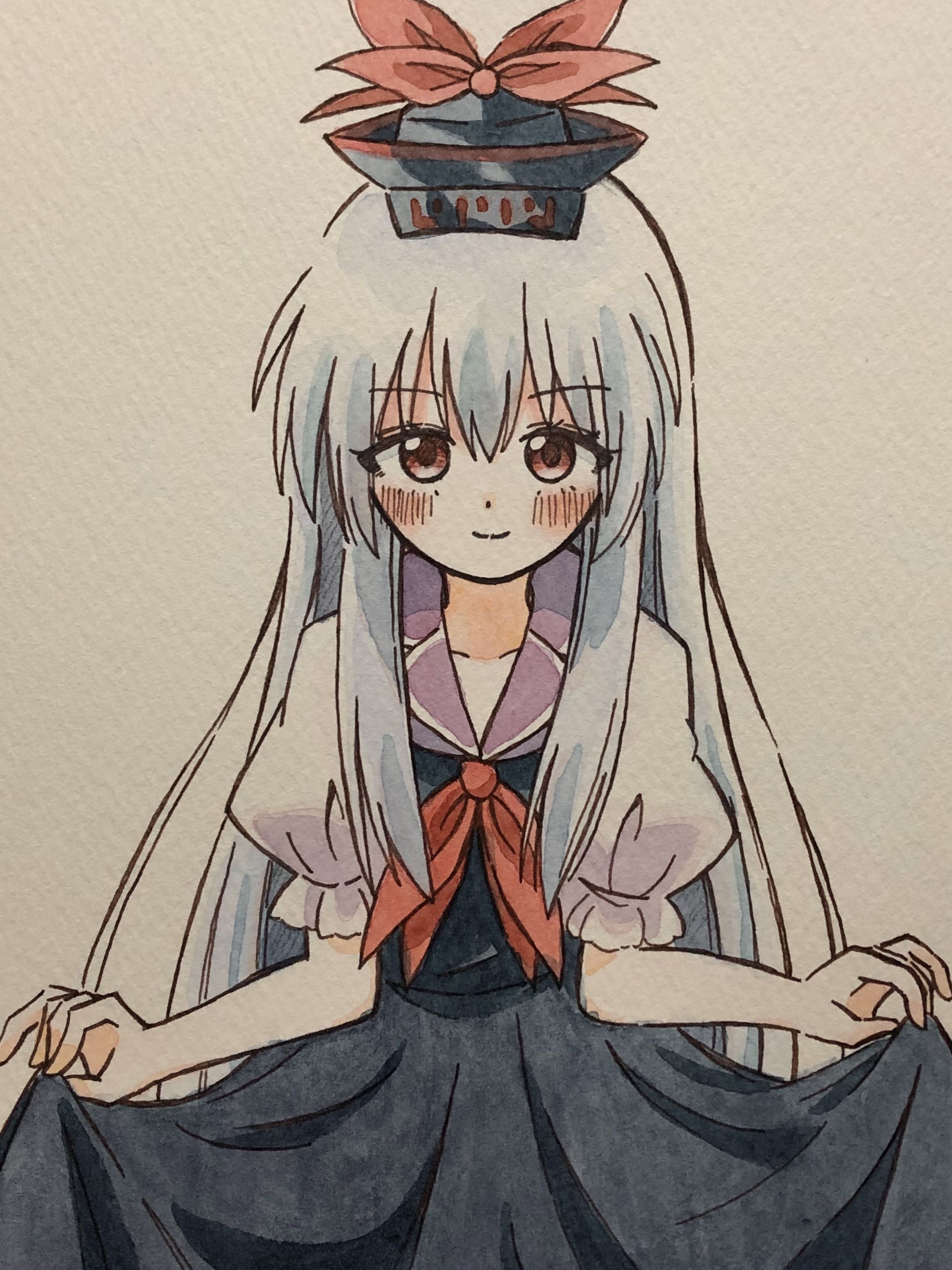 zeppachi, kamishirasawa keine, touhou, absurdres, commentary, highres, traditional media, 1girl, blue dress, blue hair, blue hat, blush, closed mouth, dress, hat, long hair, looking at viewer, puffy short sleeves, puffy sleeves, red eyes, short sleeves, skirt hold, smile, solo, straight-on, very long hair