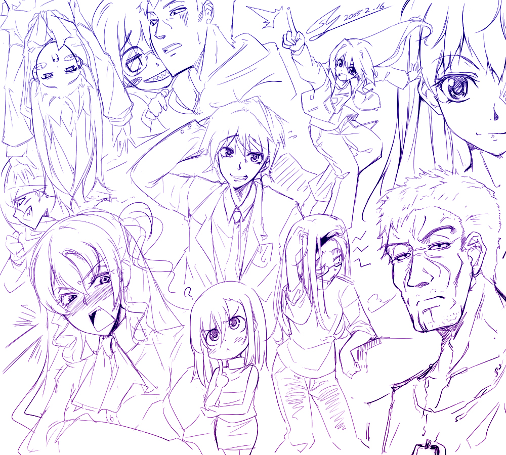 kawakami shuuichi, shu (artist), original, 4boys, 6+girls, monochrome, multiple boys, multiple expressions, multiple girls, purple theme, sketch