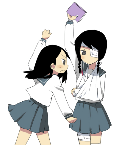 ecocube, eka eri, kitsu chiri, kobushi abiru, sayonara zetsubou sensei, lowres, 00s, 2girls, angry, bandages, book, eyepatch, multiple girls, school uniform, serafuku