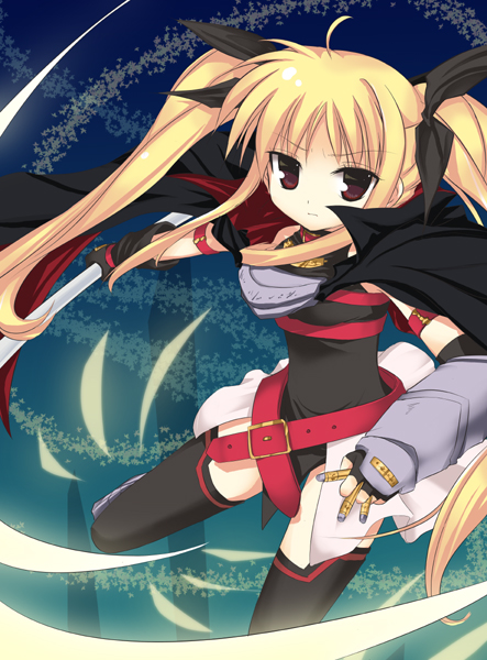 kanna ryouto, bardiche (nanoha), fate testarossa, fate testarossa (lightning form), lyrical nanoha, mahou shoujo lyrical nanoha, mahou shoujo lyrical nanoha a's, 00s, 1girl, ahoge, armlet, belt, black ribbon, black thighhighs, blonde hair, cape, choker, expressionless, female focus, hair ribbon, holding, holding sword, holding weapon, jewelry, long hair, looking at viewer, red eyes, ribbon, sidelocks, solo, sword, thighhighs, twintails, very long hair, weapon