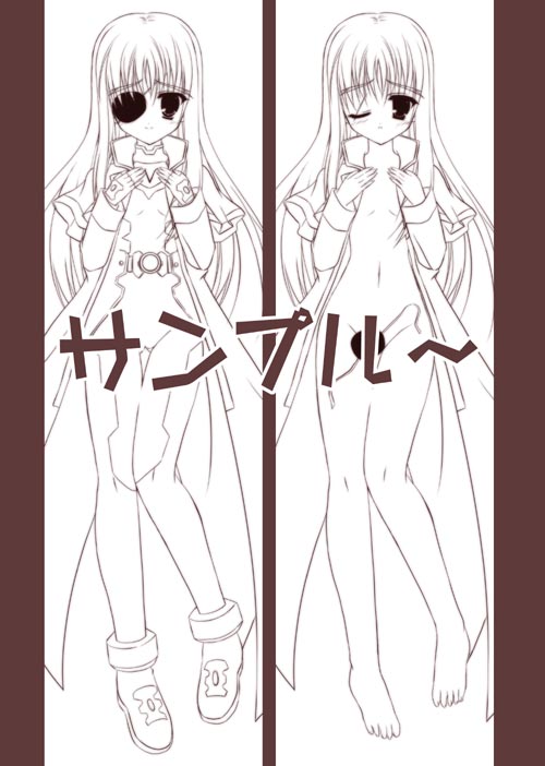 cinque (nanoha), numbers (nanoha), lyrical nanoha, mahou shoujo lyrical nanoha, mahou shoujo lyrical nanoha strikers, 00s, 1girl, ;), belt, blush, buckle, dakimakura (medium), dress, eyepatch, full body, long hair, looking at viewer, midriff, monochrome, multiple views, navel, one eye closed, smile, stomach, text focus