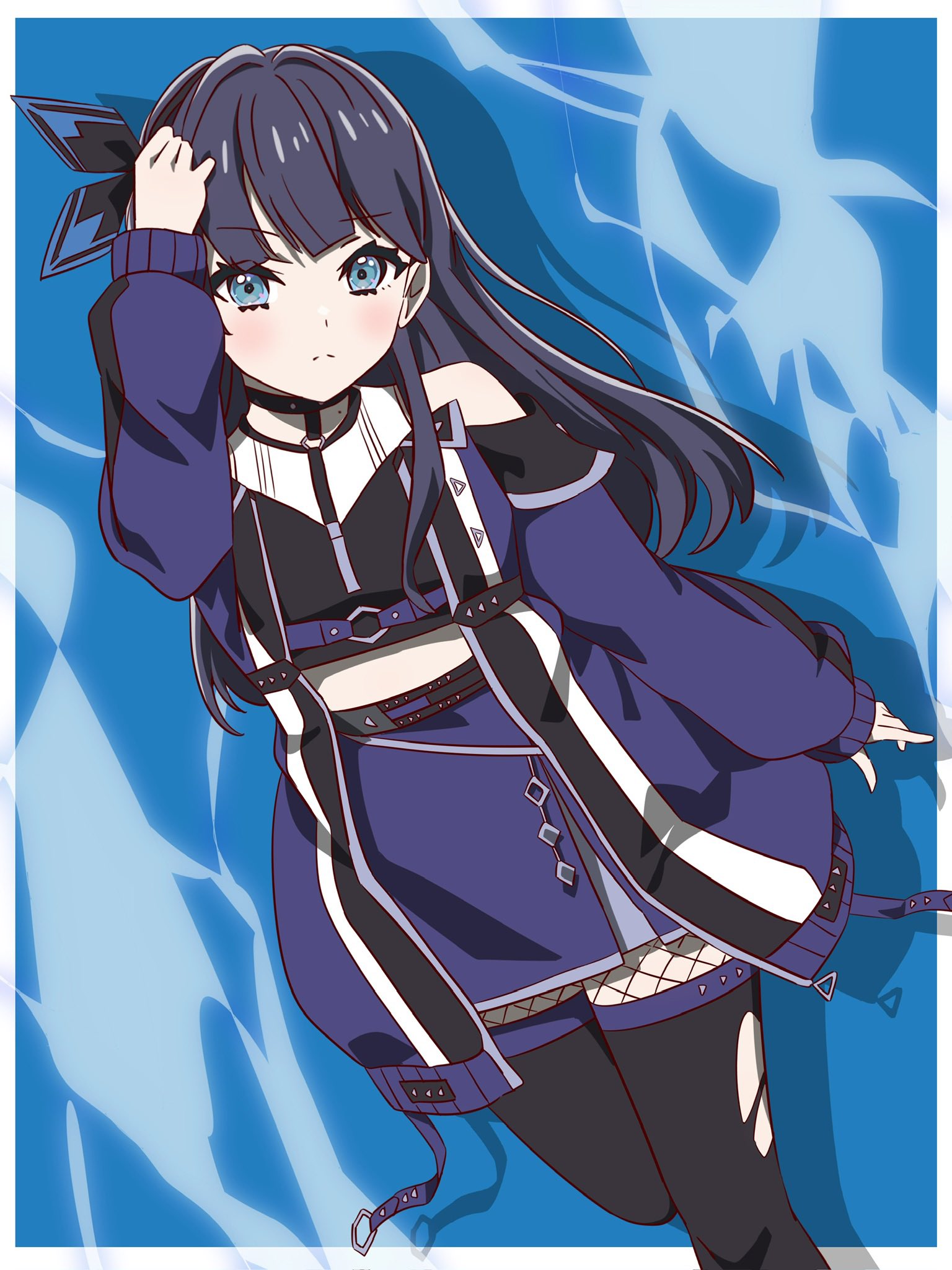 myrain56991013, murano sayaka, link! like! love live!, love live!, commentary, highres, 1girl, ampere (love live!), bare shoulders, black hair, black shirt, black thighhighs, blue background, blue coat, blue eyes, blue skirt, border, coat, fishnet pantyhose, fishnets, foot out of frame, frown, hair intakes, leg up, long hair, long sleeves, looking at viewer, midriff, miniskirt, off-shoulder coat, off shoulder, official alternate costume, open clothes, open coat, outside border, pantyhose, shirt, skirt, sleeveless, sleeveless shirt, solo, split mouth, thighhighs, torn clothes, torn pantyhose, virtual youtuber, white border