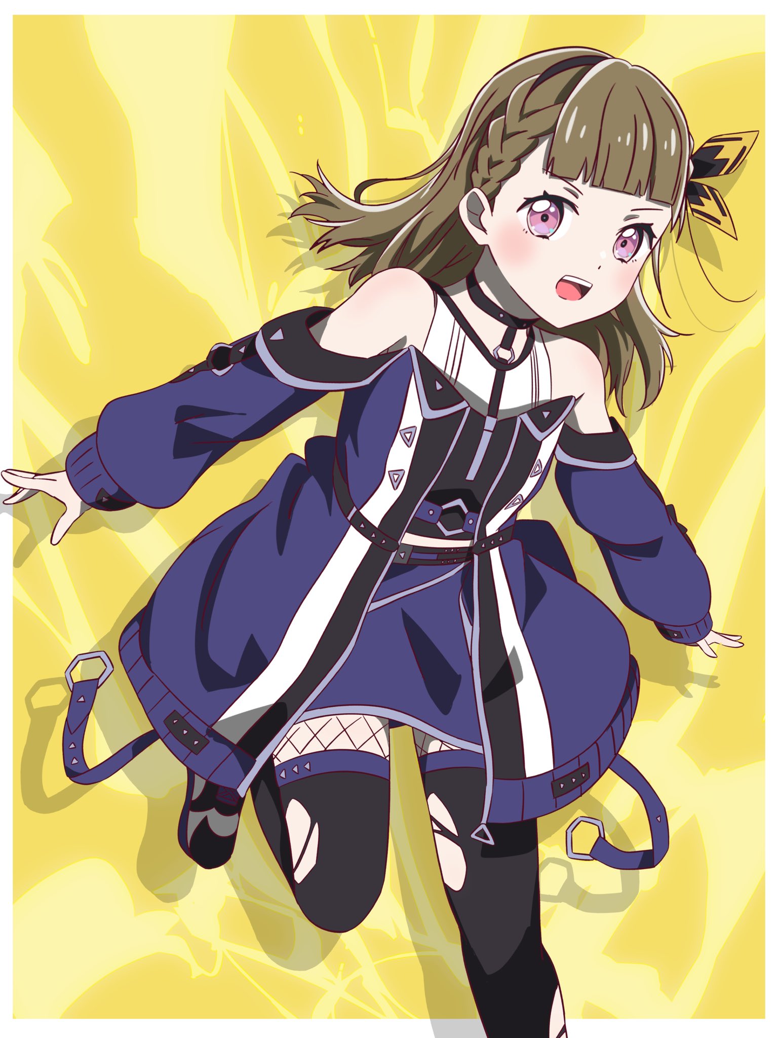 myrain56991013, kachimachi kosuzu, link! like! love live!, love live!, commentary, highres, 1girl, ampere (love live!), bare shoulders, black shirt, black thighhighs, blue coat, blue skirt, border, braid, brown hair, center-flap bangs, coat, fishnet pantyhose, fishnets, foot out of frame, leg up, long hair, looking at viewer, midriff, miniskirt, off-shoulder coat, off shoulder, official alternate costume, open clothes, open coat, outside border, pantyhose, shirt, side braids, skirt, sleeveless, sleeveless shirt, solo, standing, standing on one leg, thighhighs, torn clothes, torn pantyhose, v-shaped eyebrows, virtual youtuber, white border, yellow background