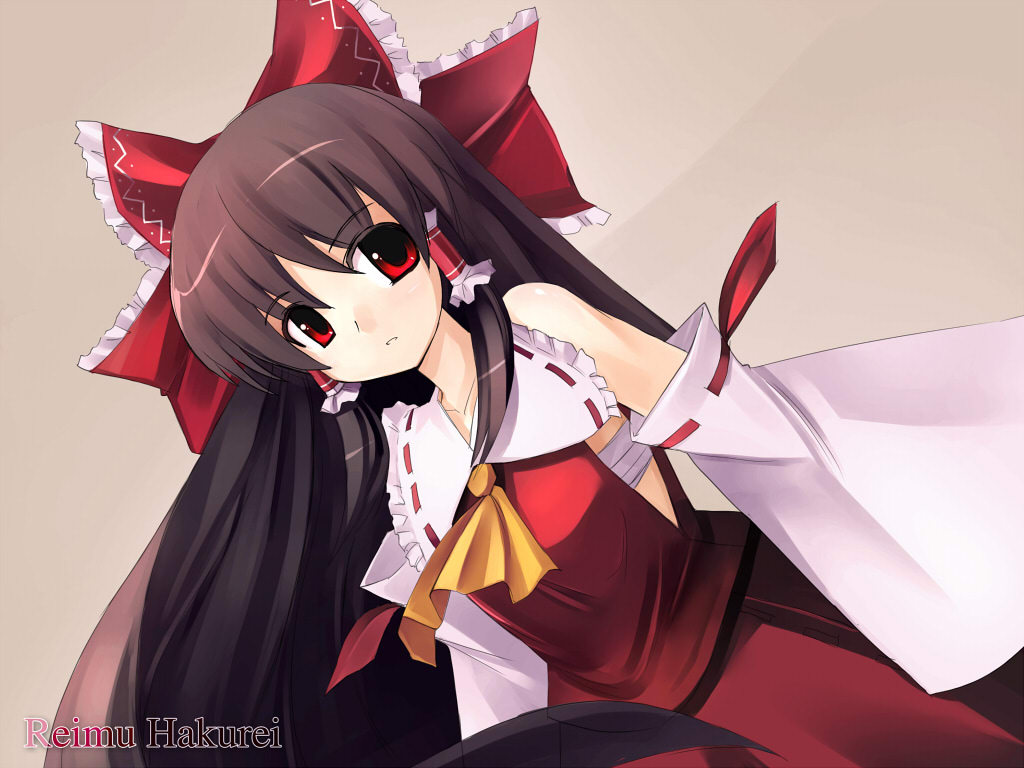 seo tatsuya, hakurei reimu, touhou, 1girl, ascot, blouse, character name, dutch angle, female focus, long hair, red shirt, shirt, solo, very long hair, yellow ascot