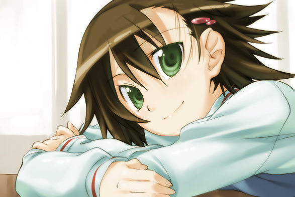 chikugen shiina, isurugi noe, true tears, uniform, 00s, 1girl, brown hair, female focus, green eyes, hair between eyes, hair ornament, hairclip, short hair, smile, solo