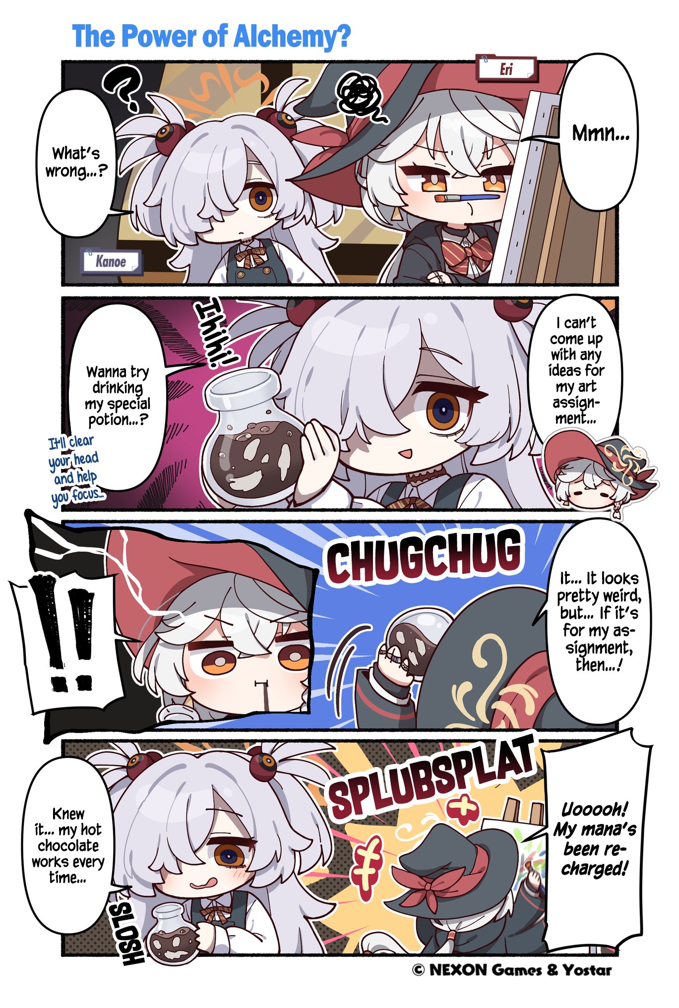 sergei (pattundo), eri (blue archive), kanoe (blue archive), blue archive, official art, !, !!, 2girls, blush stickers, bow, bowtie, canvas (object), chibi, comic, dress, drinking, earrings, english translation, glass bottle, hair ornament, hair over one eye, halo, hat, jewelry, long coat, multiple girls, orange eyes, paintbrush, potion, ring, school uniform, shirt, twintails, white hair, witch hat