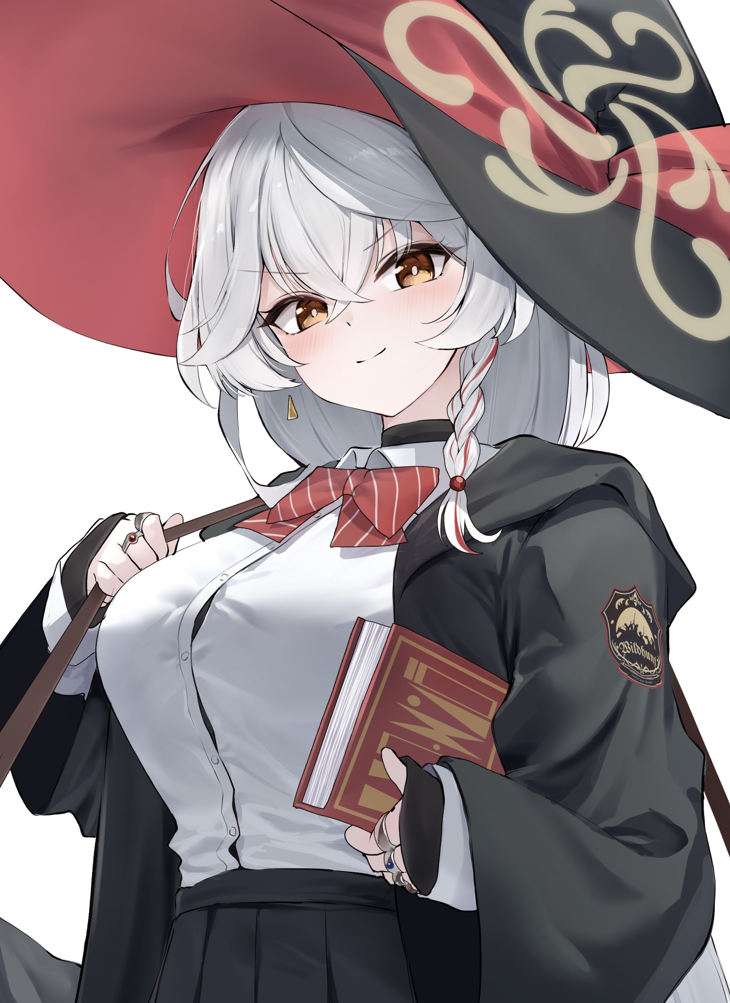 tol10131, eri (blue archive), blue archive, absurdres, commentary, highres, >:), 1girl, black coat, black shirt, blush, book, bow, bowtie, braid, breasts, brown eyes, brown halo, closed mouth, coat, crossed bangs, diagonal-striped bow, hair between eyes, halo, hat, holding, holding book, hood, hood down, hooded coat, jewelry, large breasts, long hair, looking at viewer, miniskirt, multiple rings, open clothes, open coat, red bow, red bowtie, ring, shirt, side halo, simple background, single braid, skirt, smile, smug, solo, striped bow, striped bowtie, striped clothes, tilted halo, turtleneck, turtleneck shirt, v-shaped eyebrows, white background, white hair, white shirt, witch hat