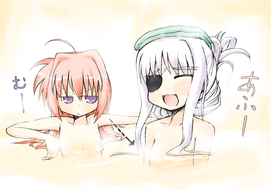 nanateru, cinque (nanoha), numbers (nanoha), vita (nanoha), lyrical nanoha, mahou shoujo lyrical nanoha, mahou shoujo lyrical nanoha strikers, 00s, 2girls, breast envy, breasts, flat chest, looking at breasts, multiple girls, onsen