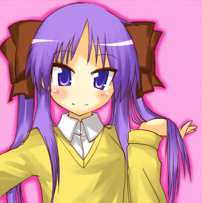 hane (hanegoya), hiiragi kagami, lucky star, lowres, 00s, 1girl, bow, brown bow, female focus, hair bow, long hair, no nose, purple eyes, purple hair, smile, solo, tsurime, twintails, upper body
