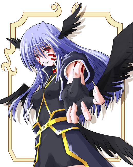 yone, reinforce, lyrical nanoha, mahou shoujo lyrical nanoha, mahou shoujo lyrical nanoha a's, 00s, black wings, facial mark, fingerless gloves, gloves, head wings, long hair, multiple wings, purple hair, red eyes, solo, wings