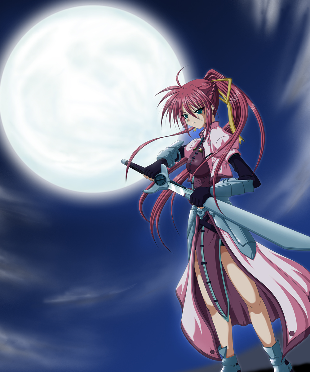 scarlet (infinity), laevatein (nanoha), signum, lyrical nanoha, mahou shoujo lyrical nanoha, mahou shoujo lyrical nanoha a's, highres, 00s, moon, solo, sword, weapon, whip sword
