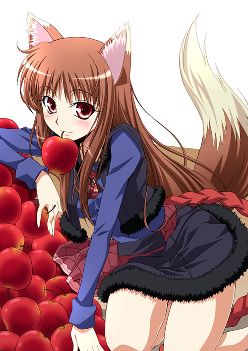 izumi mahiru, holo, spice and wolf, 00s, animal ears, apple, brown hair, food, fruit, long hair, mouth hold, red eyes, solo, tail, wolf ears, wolf tail