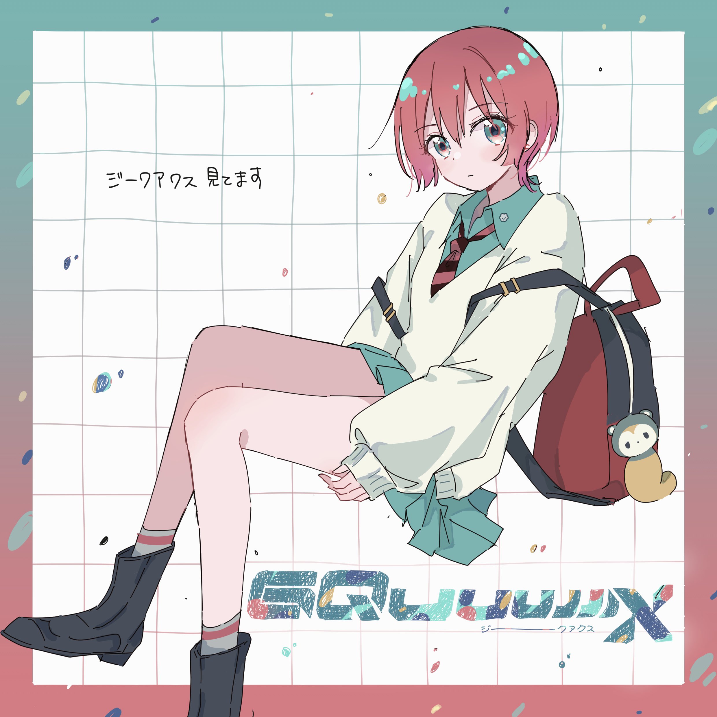 milk crepes, amate yuzuriha, gundam, gundam gquuuuuux, absurdres, highres, 1girl, animal charm, aqua eyes, backpack, bag, black shoes, charm (object), closed mouth, collared shirt, grid background, long sleeves, looking at viewer, necktie, red hair, school uniform, shirt, shoes, short hair, sitting, skirt, socks, solo, striped necktie, sweater