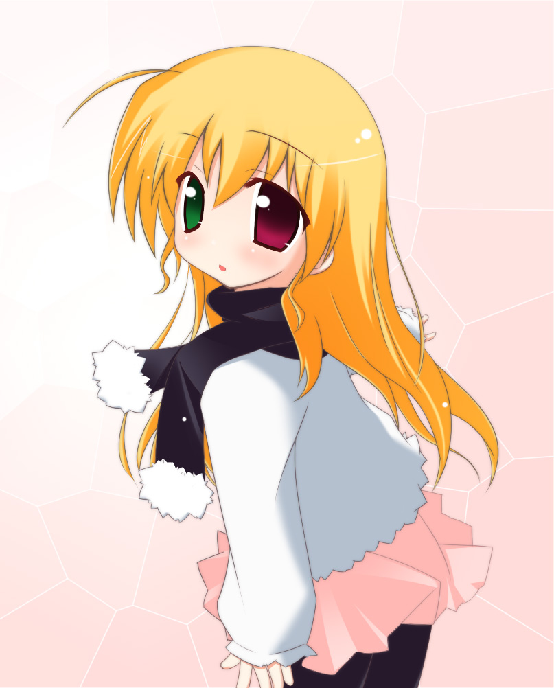 aro (resoregiya), vivio, lyrical nanoha, mahou shoujo lyrical nanoha, mahou shoujo lyrical nanoha strikers, 00s, 1girl, black scarf, blonde hair, female focus, green eyes, heterochromia, long hair, looking back, pantyhose, red eyes, scarf, skirt, solo